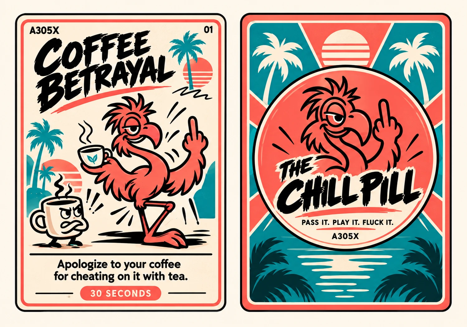 Front and back of an illustrated A305X Coffee Betrayal playing card with our crazy coral flamingo, an offended coffee cup, and The Chill Pill reverse