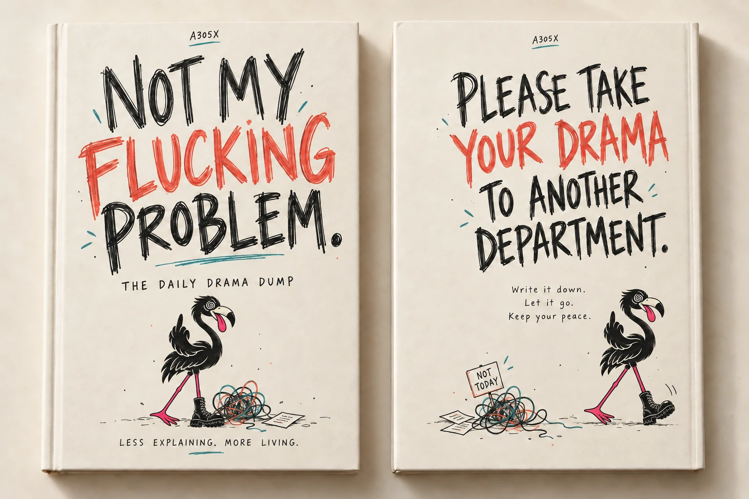 Not My Flucking Problem notebook front and back cover concept mockups on a cream background