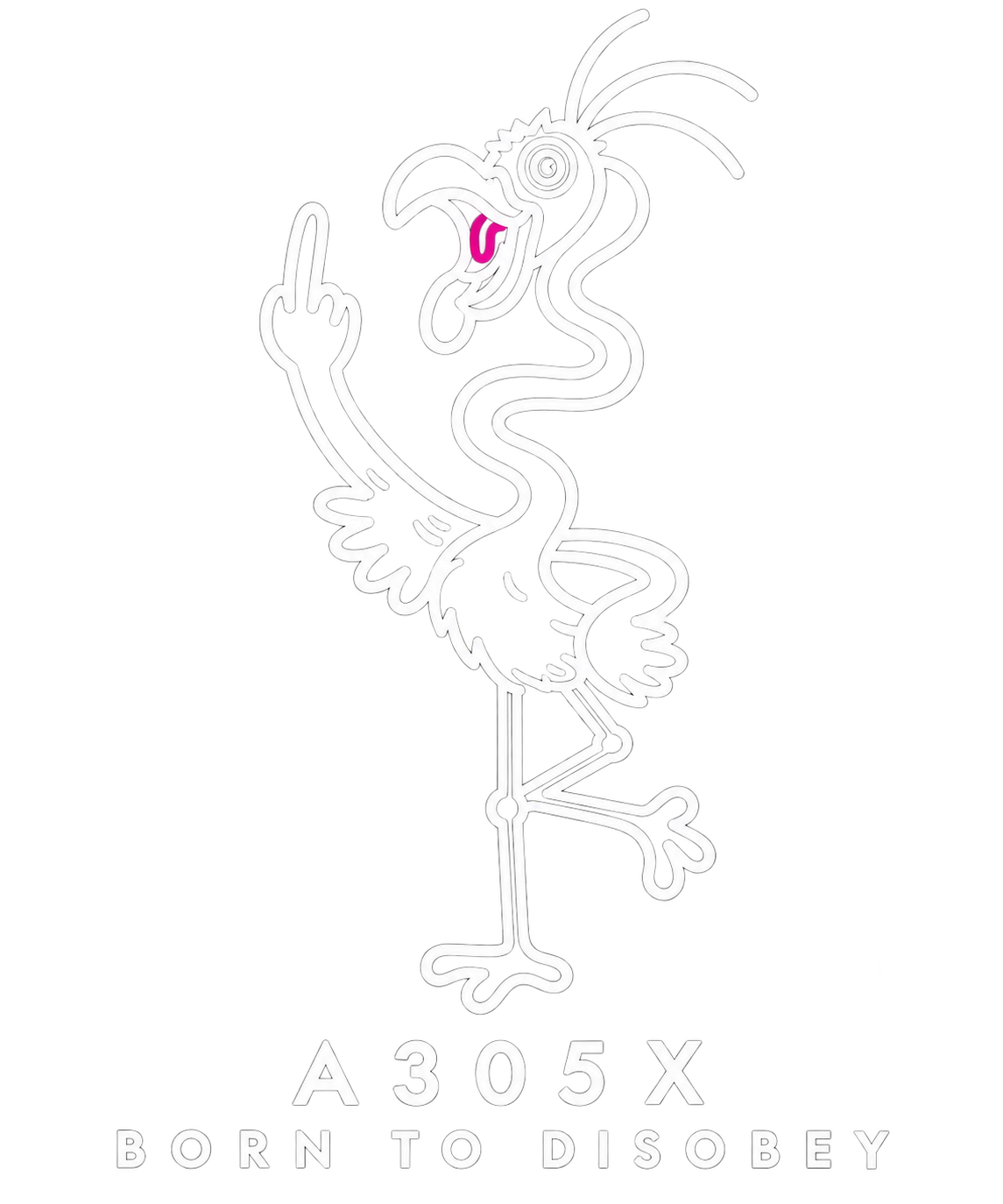 A surreal silver A305X bird with a raised middle feather, pink tongue, and Born to Disobey lettering