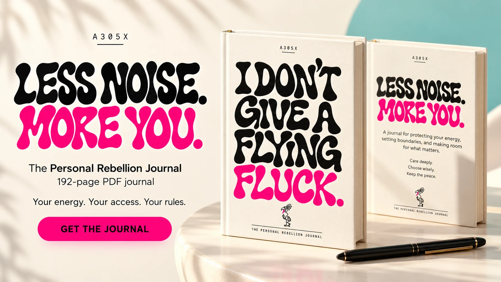 Ivory A305X Flying Fluck journal front and back cover concept mockups with pink and black lettering