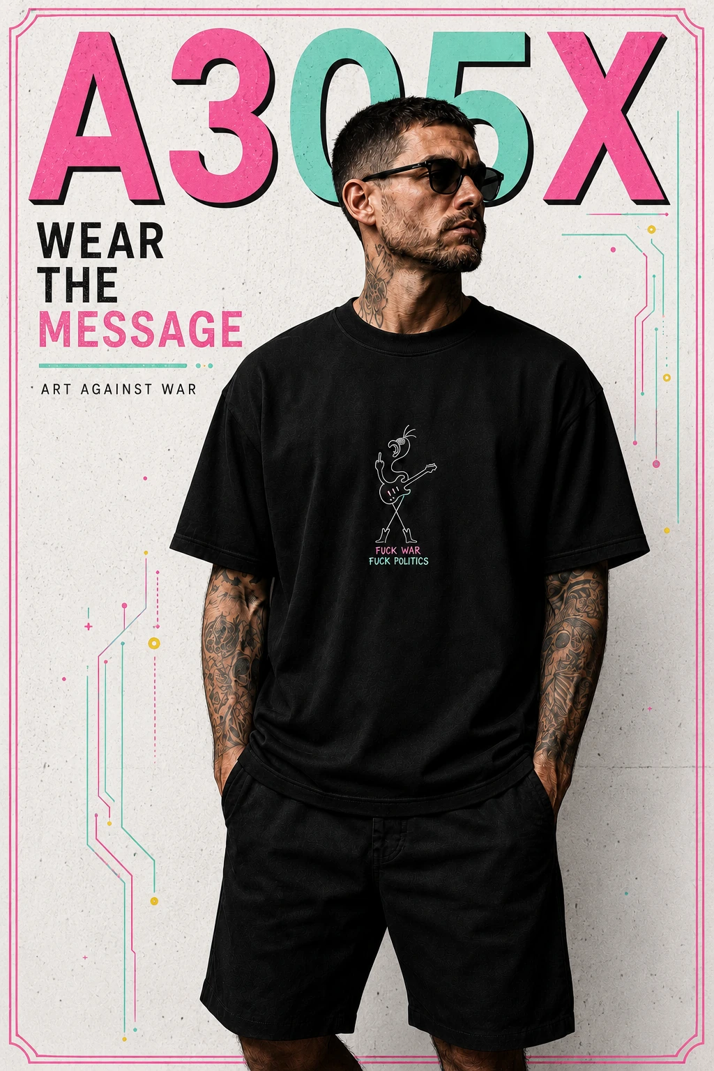 Black A305X Wear the Message tee with a small guitarist flamingo, worn in a pink and turquoise campaign poster